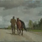 Halvard Haugerud: Mann og hest, 2020, 25 x 31 cm