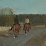 Halvard Haugerud: Ryttere i kveldsol, 2020, 28 x 36 cm